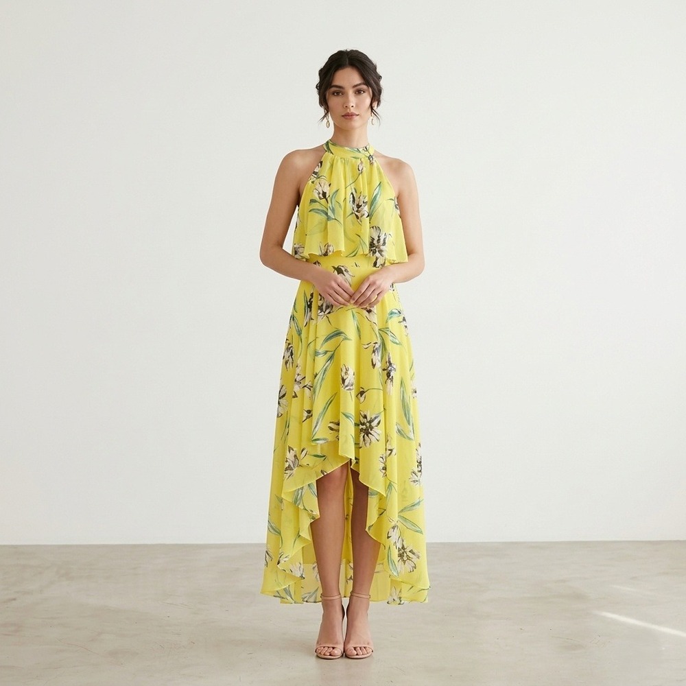 Eliza J Halter Neck Dress Womens Sz XS Floral Ruffle High Low Hem Chiffon Yellow